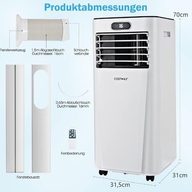 Мобільний кондиціонер COSTWAY 7000 BTU з гнучким шлангом, 2,1 кВт, охолодження 16-32℃, вентиляція з 2 швидкостями, осушення 19 л/добу, сплячий режим, для кімнат до 25 м²