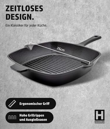 Сковорода-гриль HENSSELERS® з чавуну [26 см] для всіх типів плит та духовок, включаючи газові та індукційні плити. Антипригарна сковорода для стейків. Чотирикутна чавунна сковорода для гриля