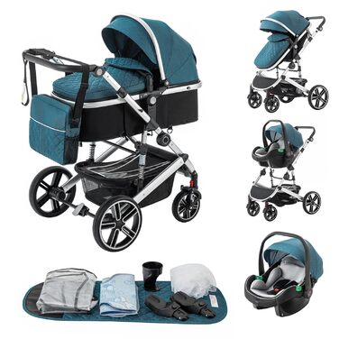 Дитяча коляска 3 в 1, система подорожей з автокріслом, візок з регульованими підлокітниками, комбінована коляска з дощовиком, москітна сітка, алюмінієвий каркас, прогулянкова коляска для 0-4 роки, чорний (SK21-Blau)