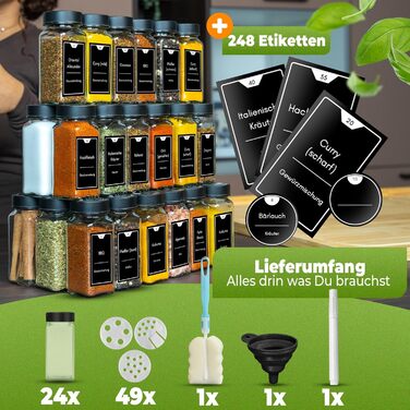 Набір банок для спецій, 24 шт, 125 мл, квадратні, з дозатором та етикетками, з нержавіючої сталі, чорний матовий