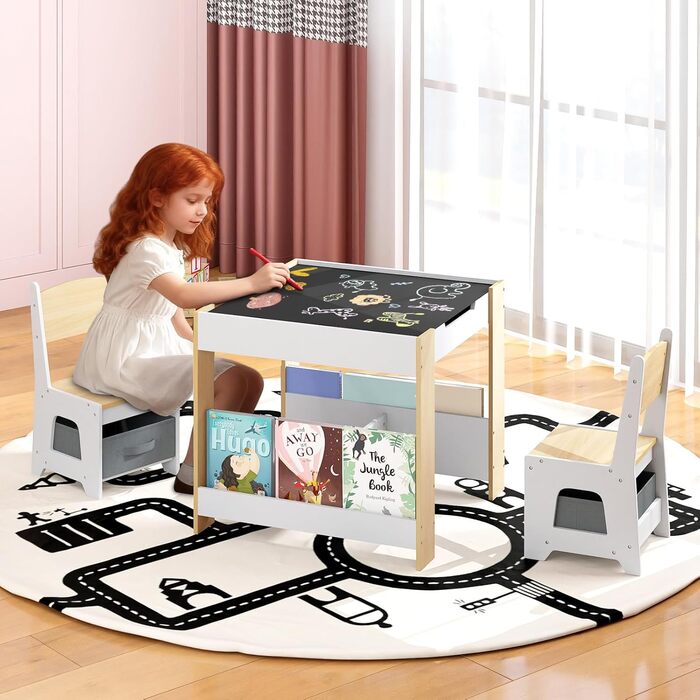 Детский стол со стульями COSTWAY 3 в 1, деревянная мебель для детей от 3 лет с откидной столешницей, полкой и ящиками