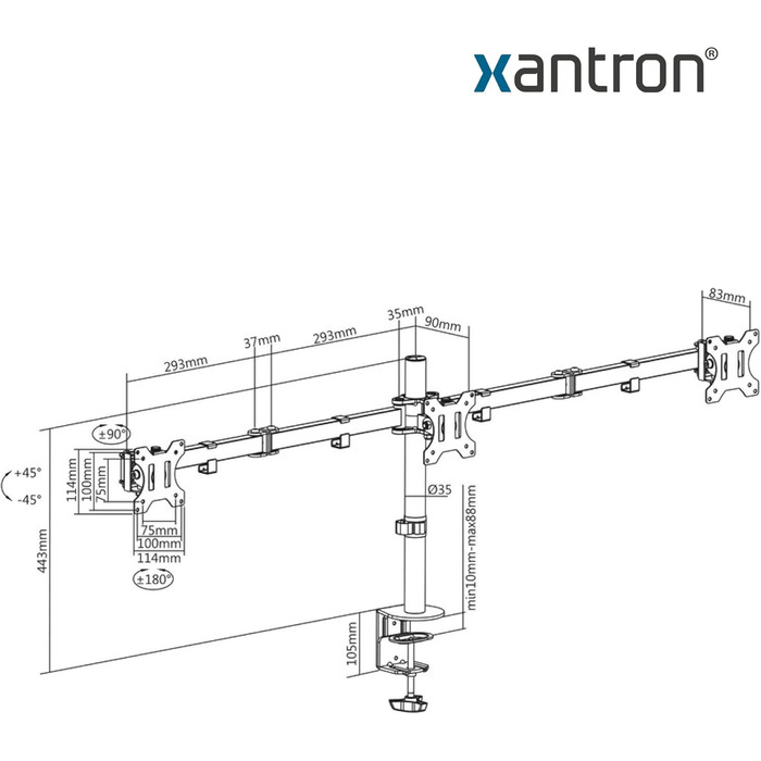 Кріплення для монітора Xantron® ECO-E62 (3 монітори) - 17-32 дюйми, VESA 75x75/100x100, для плоских та вигнутих моніторів, з монтажним комплектом