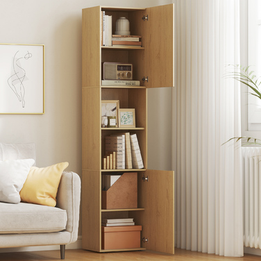 Висока шафа для ванної кімнати, 6 ящиків, 2 шафки, 2 відкриті полиці, відкриті відсіки, дерево, колір дуба