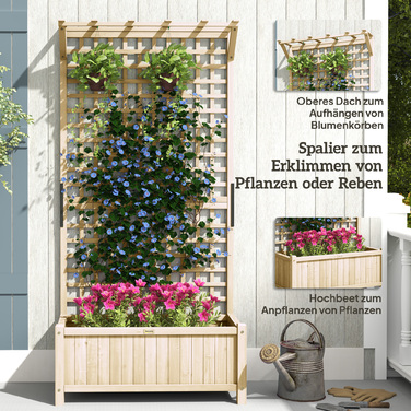 Підвищене грядка з шпалером та дахом, ящик для рослин, квітник, стійкий до погодних умов, дерево, 90 x 45 x 183 см, натуральне дерево