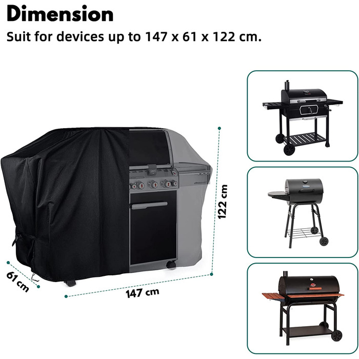 Кришка для гриля Mutsitaz, кришка для газового гриля, непромокаюча кришка для барбекю, водонепроникна і пилозахисна кришка для гриля з самоклеючими ременями і сумкою для зберігання (147x6122 см)