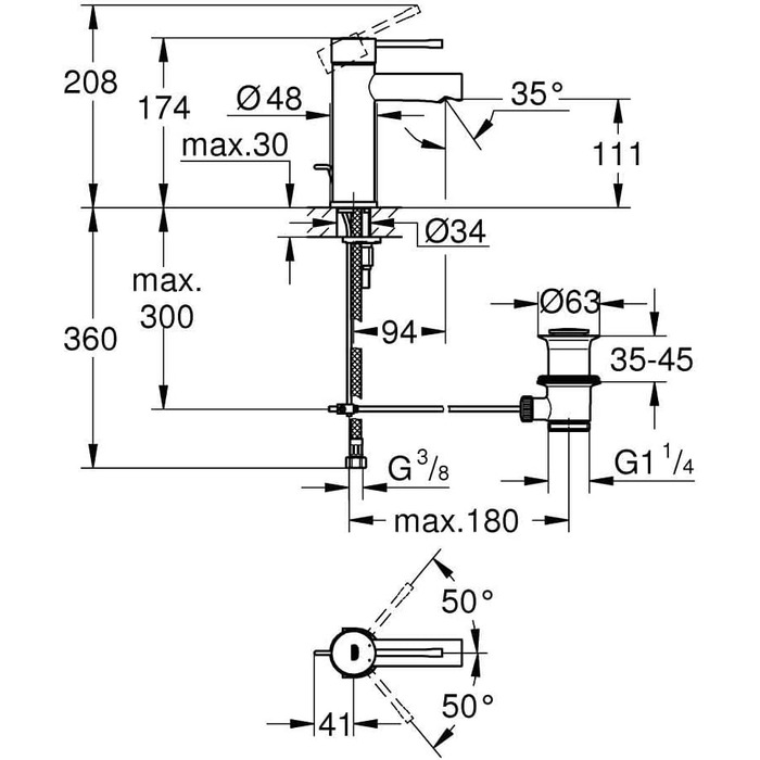 Змішувач для ванної кімнати GROHE Essence, водозберігаючий, хром, 17 см, з витяжною штангою