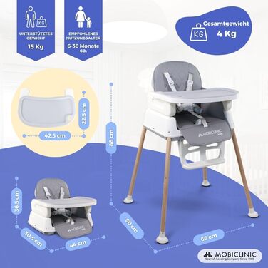 Дитячий високий стільчик Mobiclinic Kiara 3-в-1: регульований столик, 5-точкова система кріплення, для дітей 6-36 місяців (до 15 кг), водовідштовхувальне текстильне покриття
