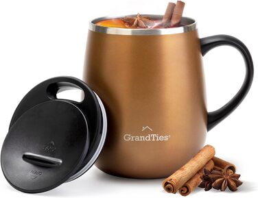 Термокружка Grandties з ручкою та кришкою-ковпачком, 480 мл | З подвійних стінок з нержавіючої сталі, зберігає тепло та холод | Колір: Cognac Metallic