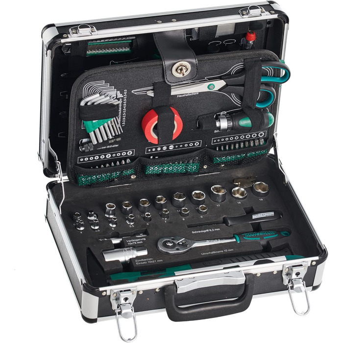Набір інструментів Brüder Mannesmann 90 предметів в алюмінієвому кейсі M29067: плоскогубці, викрутки, тріскачка, тестер напруги
