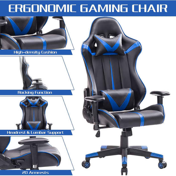 Ігрове крісло WOLTU ергономічне функція гойдання поворотне чорно-синє