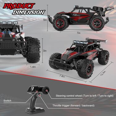 Радіокерований позашляховик Kolegend для хлопчиків, 2 акумулятори, 50 хв, масштаб 1:12, 25 км/год, 2.4 GHz, червоний