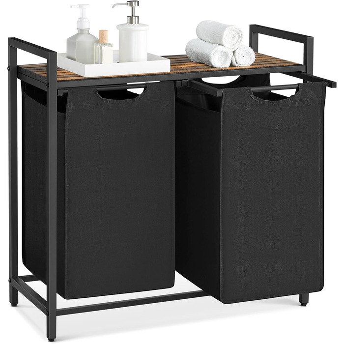 Кошик для білизни VASAGLE з 2 відділеннями, 92 л, чорний + вінтажний коричневий, 73 x 33 x 72 см