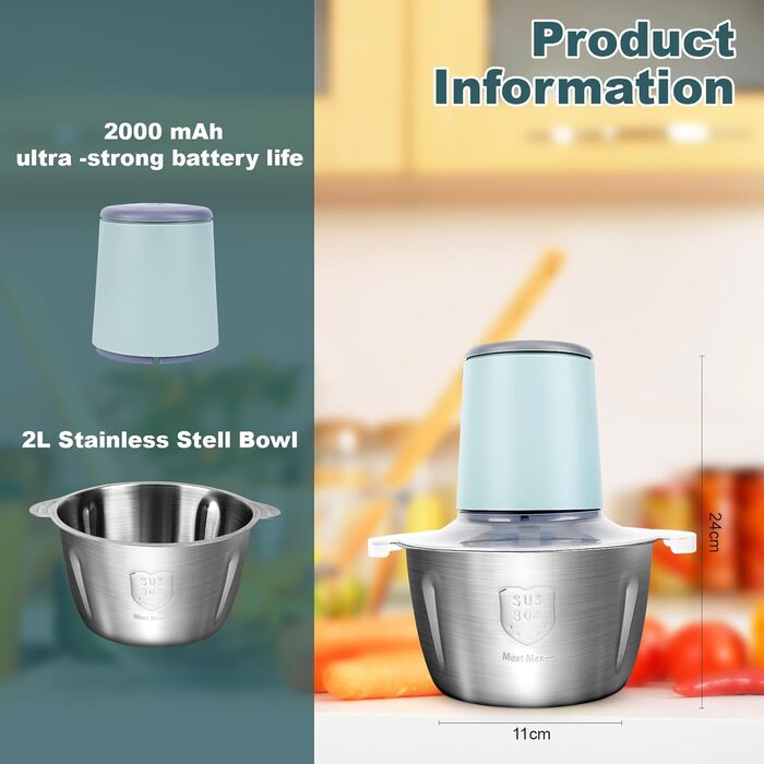 Електричний подрібнювач для кухні з великою ємністю 148W: 2 швидкості, 2л контейнер з нержавіючої сталі, 4 ножі з нержавіючої сталі. Подрібнювач для м'яса, цибулі, фруктів та овочів