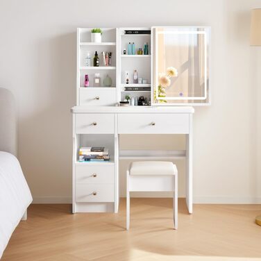 Дзеркальний туалетний столик DATO з LED-підсвічуванням, 3 колірні температури та регулюванням яскравості, з пуфом, 5 шухляд та 3 полиці, з розсувним дзеркалом (T68)