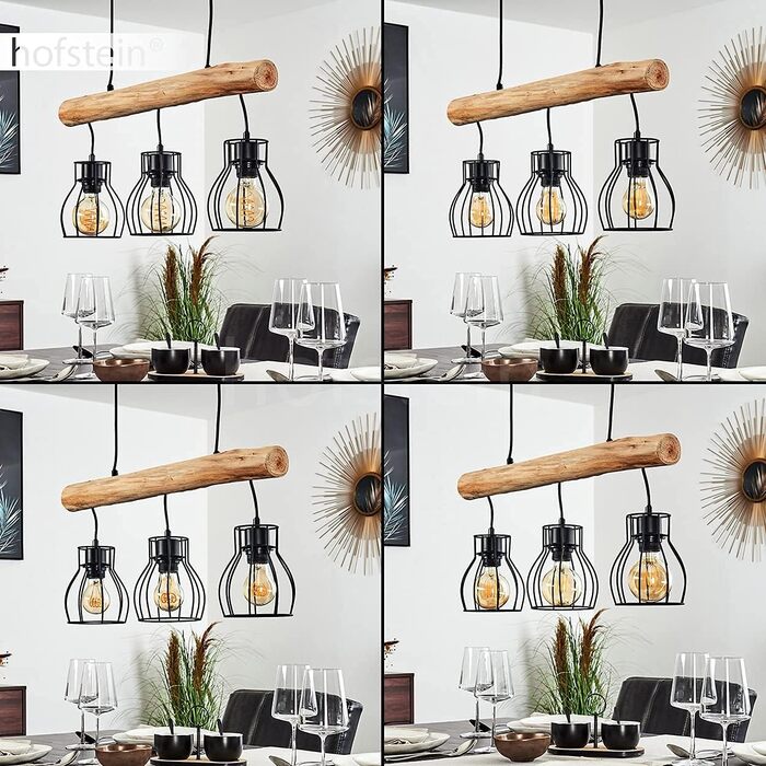 Підвісний світильник Gondo, підвісний світильник з металу/дерева в чорному/коричневому кольорі, 3 світильники, 3 x E27, сучасний підвісний світильник, без лампочки