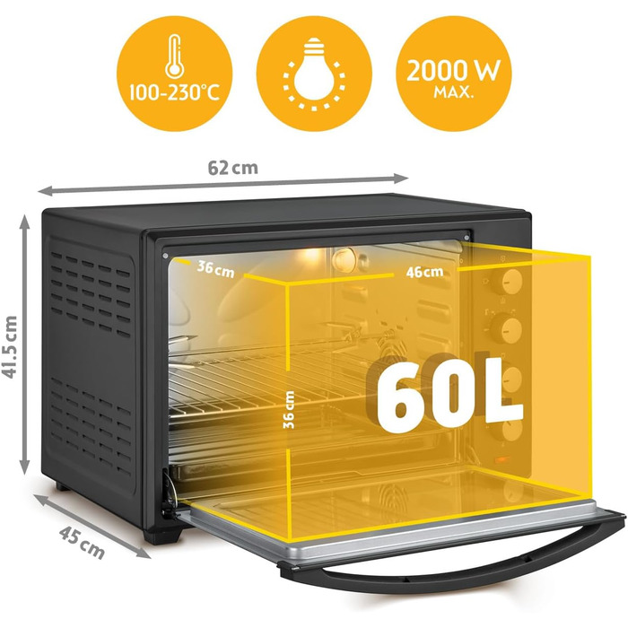 Міні-піч TZS First Austria 60L 2000W з регулюванням температури до 230°C, 6 режимів, таймер на 60 хв, 4 рівні встановлення, дека, решітка-гриль та вертулка