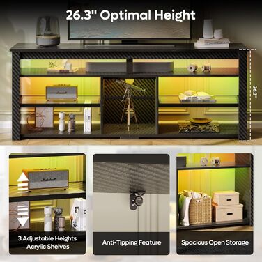 Тумба під телевізор Bestier 70 дюймів з підсвіткою LED, для PS5, чорна карбонова - 160x33.8x66.8 см