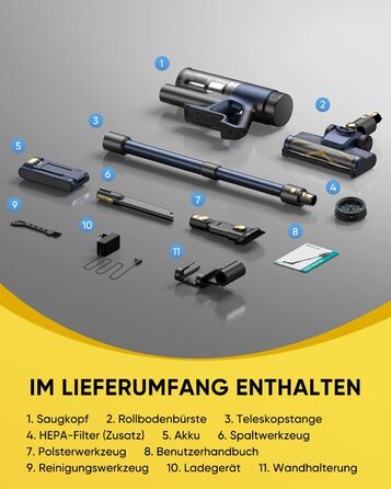 Акумуляторний пилосос Vexilar Leichter 50Kpa, 50хв, 450W, LED-дисплей, 6-в-1 для килимів, підлоги, шерсті тварин, авто, синій