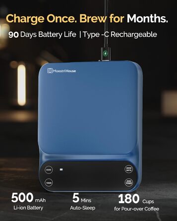 Ваги для кави Maestri House S3 з таймером, 3 кг/0,1 г, перезаряджувані, цифрові, для еспресо, з 3 режимами заварювання, регульованими пропорціями та індикатором потоку, для Pour Over, French Press (блакитні)