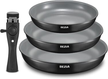 Набір сковорідок BEZIA з знімними ручками, антипригарне покриття, індукційні, 20+24+28 см, стакельне, придатні для миття в посудомийній машині та духовці