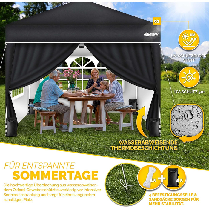 Павільйон Tillvex водовідштовхувальний з 4-ма мішками з піском | Pop-Up павільйон, стабільний та регульований по висоті | Садовий намет з UV захистом 50+ | Павільйон для вечірок з сумкою для саду (антрацит) (3x3м з 4 боковинами, 3 x 3 м, чорний, з 4 стінк