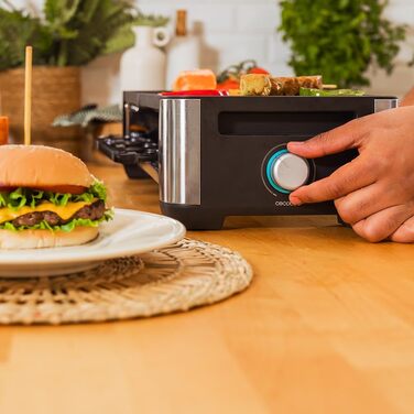 Електричний гриль-раклениця Cecotec MixGrill 16000 Inox – 1400 Вт, 8 персон, з регулюванням температури, 2 нагрівальні пластини (алюміній та натуральний камінь) 20x22 см, 8 сковорідок та 8 лопаток