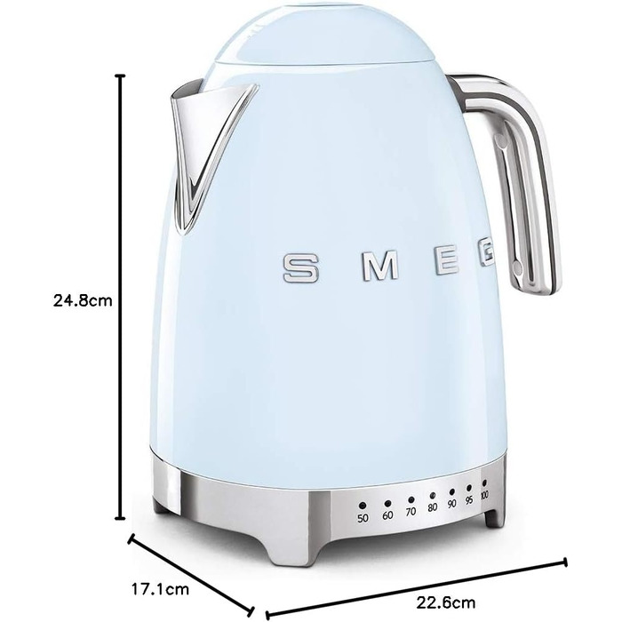 Електричний чайник Smeg KLF04PBEU 1,7L з регулюванням температури, фільтр від накипу, індикатор рівня води, 2400W, пастельно-блакитний
