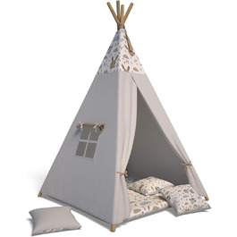 Тіпі-намет для дітей | Ігровий намет для дитячої кімнати | Намет-вігвам з м'якими подушками | Міцний намет-вігвам у стилі індіанців | Безпечний намет-вігвам для дому | Сірий намет-вігвам з тваринами для дитячої кімнати