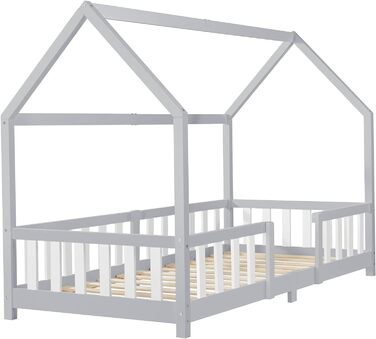 Дитяче ліжко Sisimiut House ліжко 140 х 200 см із захистом від падіння з висоти ліжко для дітей Підлогове ліжко з рейковим каркасом сосна кольори (Світло-сірий / Білий, 90x200 см)