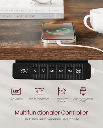 Електричний регульований стіл VASAGLE, 60 x 140 см, висота 72-120 см, 4 пам'яті, vintage brown, LSD174X01