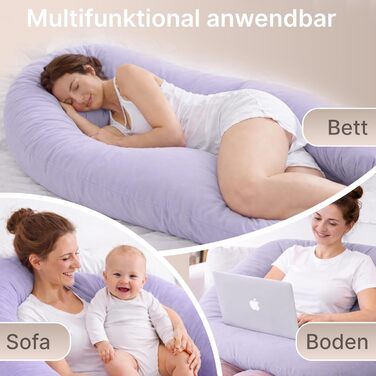 Подушка для вагітних ELONEO NEU для сну на боці, подушка для годування, XXL, фіолетова, знімний чохол, подушка для читання, пральна