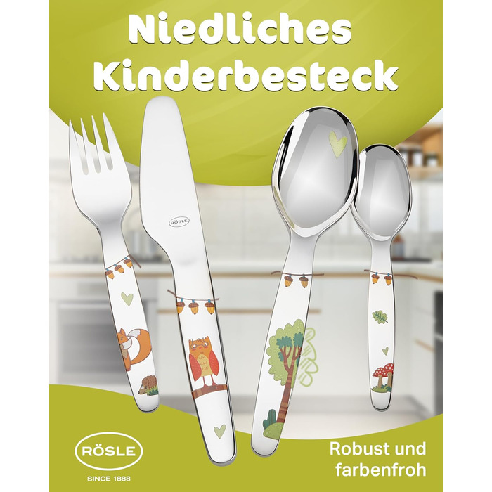 Дитячий набір столових приборів RÖSLE 'Waldfreunde' (4 шт.) з нержавіючої сталі 18/10, для дітей від 3 років, придатний для миття в посудомийній машині, чудовий подарунок на хрещення для хлопчиків та дівчаток