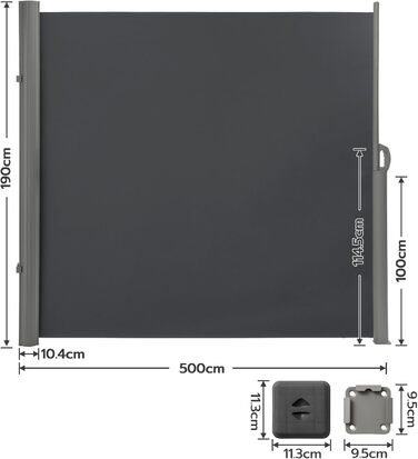 Бічна маркіза LARMNEE 190x500 см антрацит, висувна, захист від сонця та сторонніх поглядів, рулонна штора для балкона, тераси, саду