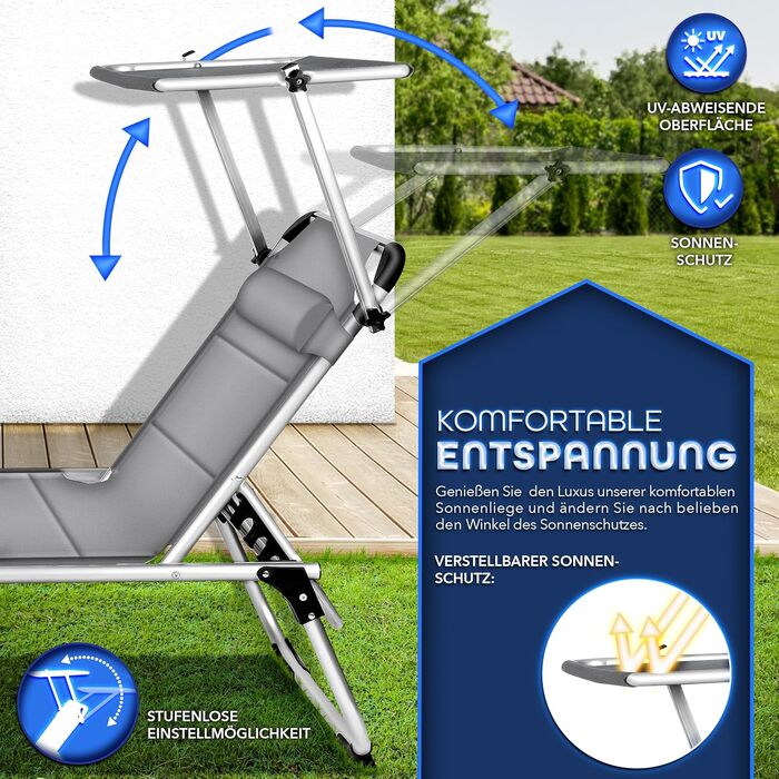 Сонячне ліжко Tillvex® з дахом та подушкою для голови | Садовий лежак, розкладний | Пляжний лежак з регульованою спинкою | Алюмінієве ліжко (з преміум-подушкою), сірий