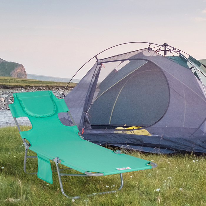 Шезлонг для саду з підголівником та кишенею, масажний шезлонг для відпочинку на відкритому повітрі. Рама з металу, оббивка з тканини, колір - зелений.