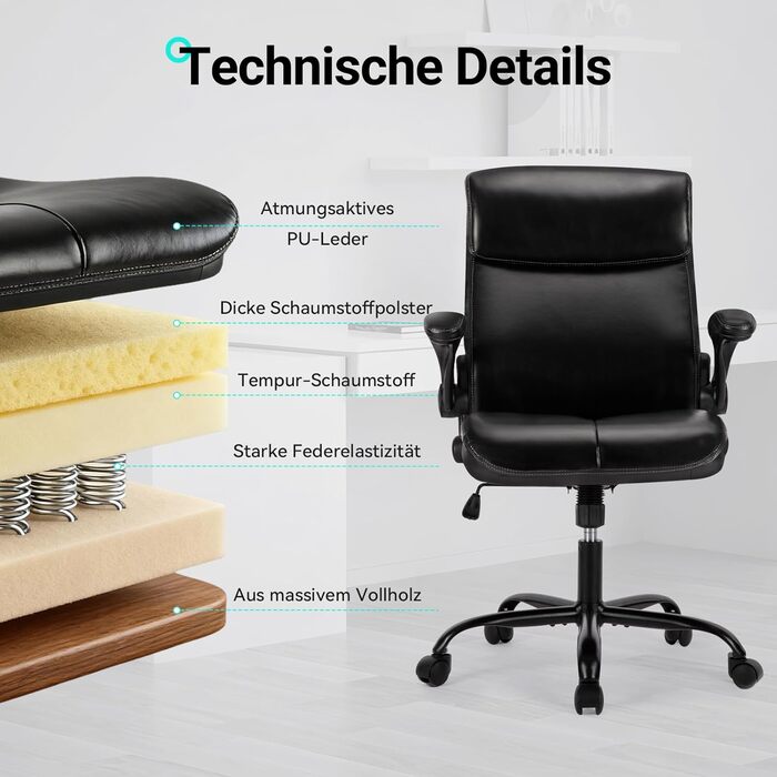 Офісний стіл COLAMY: ергономічний крісло з високою спинкою, регульовані підлокітники, шкіряне покриття (чорний)