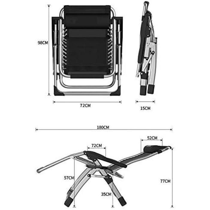 Розслаблюючий шезлонг для відпочинку на сонце: складний, з підтримкою 200 кг, чорний з сірими подушками. Ідеально для саду, тераси, пляжу, кемпінгу та відпочинку вдома.