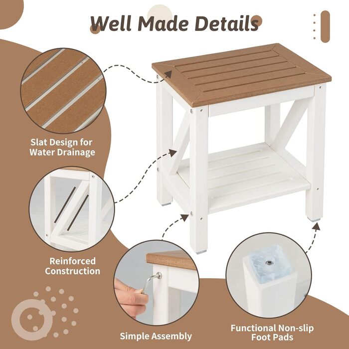 Двоярусна душова лавка GOPLUS з місцем для зберігання, душовий стілець для ванної кімнати, білий та коричневий (43 x 32 x 47 см)