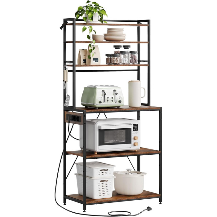 Кухонна полиця WOLTU з 6 ярусами, з розетками, для мікрохвильовки, з металевим каркасом, регульовані полиці, чорний+рустичний коричневий, 60 x 167 x 40 см (чорний+вінтажний коричневий, 80 x 39,5 x 167 см)