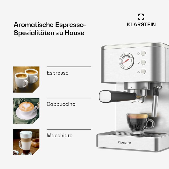 Klarstein SteelPresso Touch – кавомашина еспресо, 1350 Вт, нержавіюча сталь, 1,5 л, сенсорне управління, вбудований капучинатор, компактний дизайн