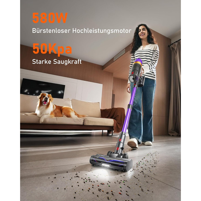 Бездротовий акумуляторний пилосос 50000Pa, 580W, 70 хвилин, 1.8L з дисплеєм, самостійна підставка, док-станція на стіні, антизаплутувальна щітка, 8-рівнева фільтрація, для шерсті тварин/килимів/твердих поверхонь/автомобіля