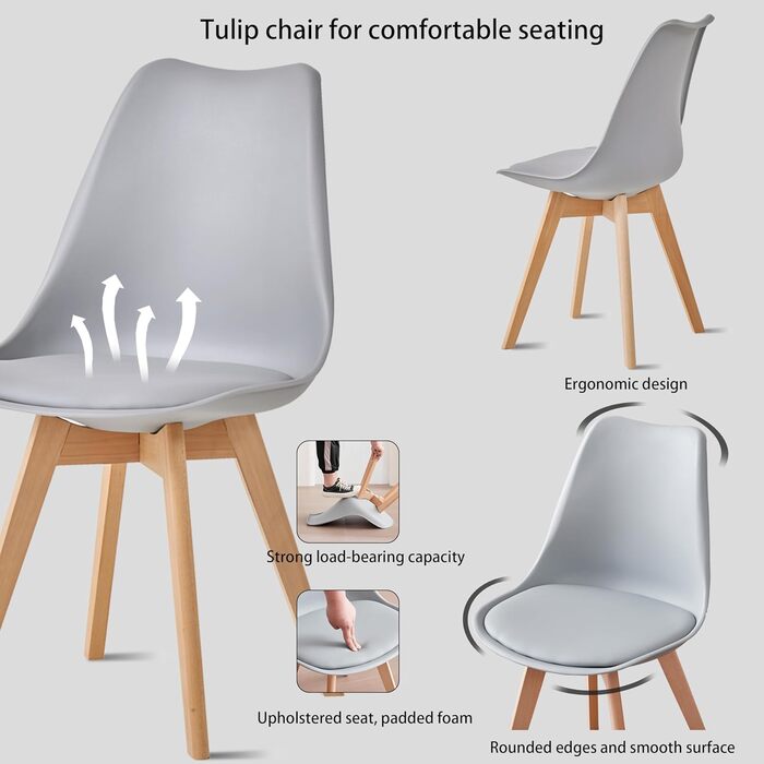 Набір обідніх стільців 6 шт., масивні дерев'яні ніжки, знімні подушки, кухонні стільці, сучасний дизайн (сірий)