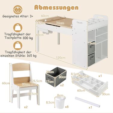 Детский стол Dreamade 3 в 1 с 2 стульями из дерева, стол для рисования с откидной столешницей и 2 тканевыми ящиками & рулон бумаги, детская мебель с хранением для детской комнаты (Натуральный, с 7 секциями)
