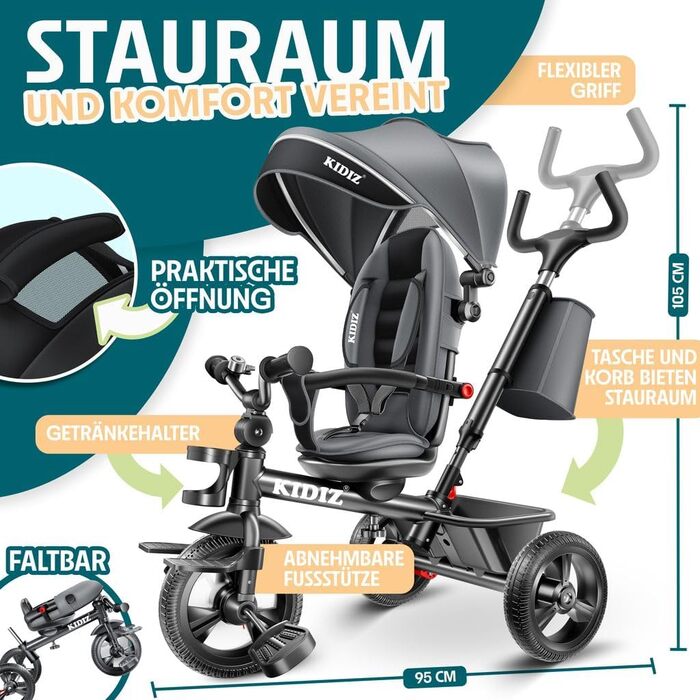 Дитячий триколісний велосипед KIDIZ 6-в-1: з ручкою, кошиком, сонцезахисним дахом, до 25 кг, сірий