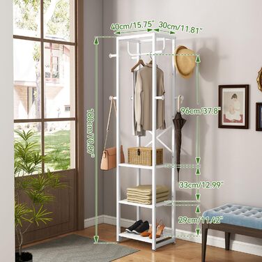Стійка для одягу IBUYKE, вішалка для одягу з 3 полицями та 8 гачками, індустріальна стійка для передпокою, коридору, спальні, натуральний колір та білий, TMJ088R (180 x 40 x 30 см)