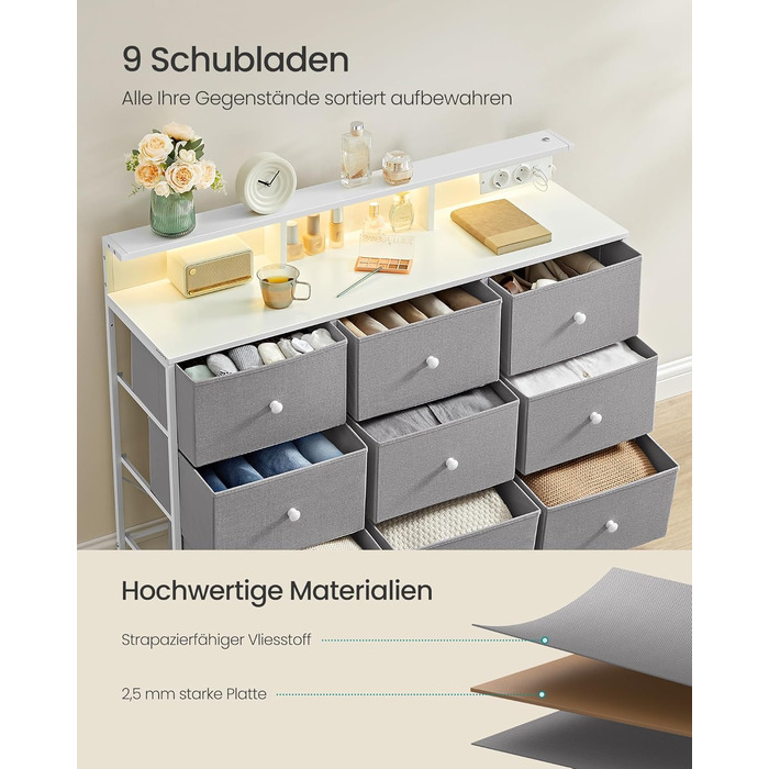 SONGMICS Комод з 9 висувними ящиками та LED-підсвічуванням, з розеткою, сталевий каркас, 33,5 x 114 x 84 см, для спальні/вітальні (Таунгrau)