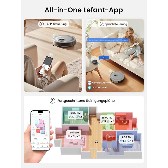 Робот-пилосос LEFANT M2 Pro Mondgrau з функцією миття, 5000Pa, LiDAR, 150 хв, розпізнавання килима, керування через додаток/голос, для видалення шерсті тварин, чорний