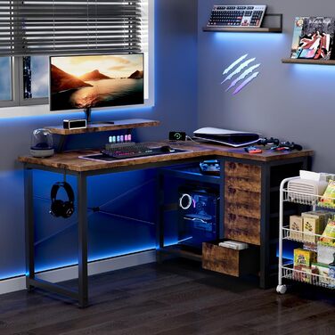 Кутовий стіл Devoko з 4 висувними ящиками з тканини, 2 розетками та 2 USB-портами, для дому та офісу, ігор, білий, 140x80 см