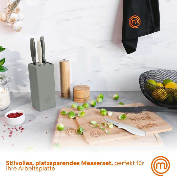 Набір ножів MasterChef 5-ти частинний: кухонний, для хліба, сатокі, овочевий, універсальний, з нержавіючої сталі, чорний, з м'якими ручками