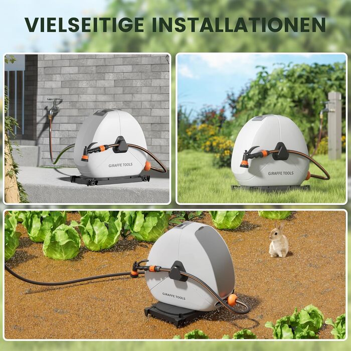 Висувна катушка для шланга Giraffe Tools 25 м, міцна, для кріплення на підлозі, з 7-функціональною насадкою та поворотним підставою 360°